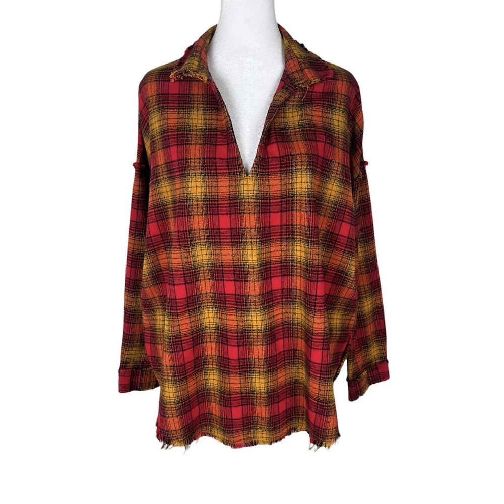 A Shirt Thing Indie Relaxed Plaid Popover Top Raw Edges Casual Boho Size Large